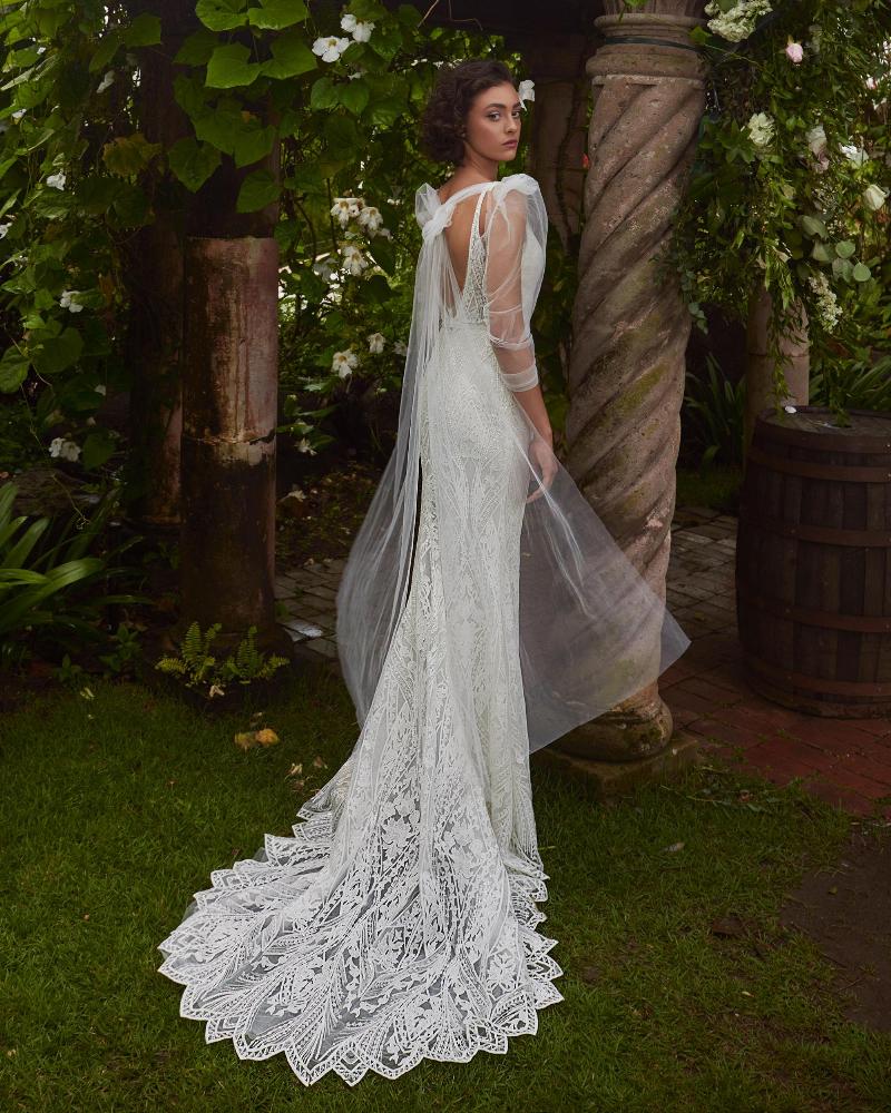 Lp2313 lace bohemian wedding dress with detachable long sleeve jacket2